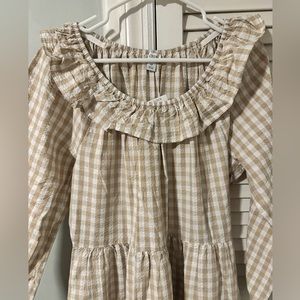 J.Crew tan white checked dress ruffles long sleeve NWT Size 12